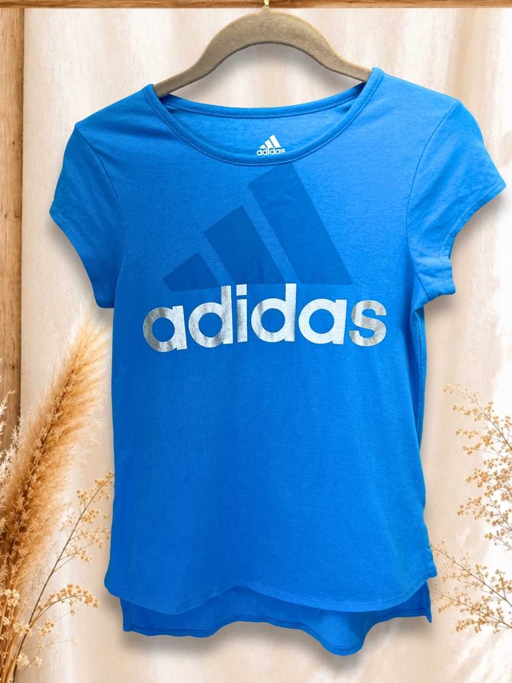 Adidas Girls Large 14 Blue Graphic Logo T-Shirt High Low Hem
